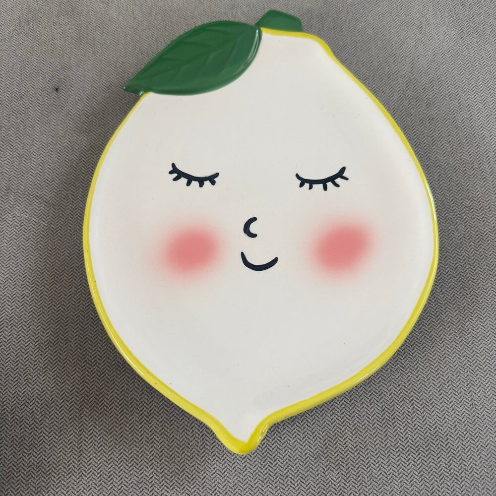 Ceramic Lemon Wall Decor Plate Cute Face Green Leaf Yellow Kitchen 8.5"